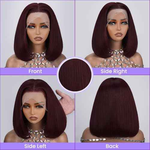 Deep Burgundy Bob Wig Human Hair 16 Inch Short Bob 13x4 HD Transparent Lace Front Wig Darker Than 99J Burgundy Pre Plucked Hairline with Baby Hair Natural Black Women Wig Heat Resistant 180 Density
