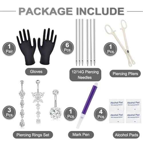 Yugui Belly Button Piercing Kit - Body Piercing Kit with Navel Rings Piercing Pliers Disposable 12G 14G Stainless Steel Piercing Needles Tools for DIY Piercing Self Belly Piercing Kit, Silver/Gold