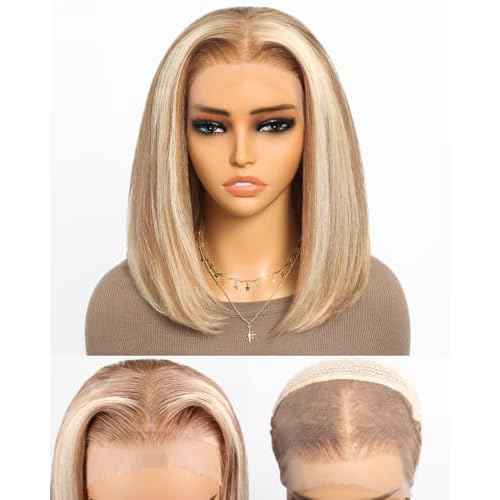 P12/613 Bob Wig Human Hair 13x4 Ready to Go Highlight 12A P12/613 Lace Front Wigs Human Hair 210% Density HD Lace Front Wig Pre Plucked (10inch, 13X4 Bob Wig)