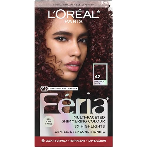 L¡¯Oreal Paris Feria Multi-Faceted Shimmering Permanent Hair Color, High Intensity Hair Dye for 3X Highlights, 42 Burgundy Blush, 1 Hair Dye Kit