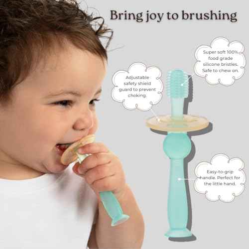 haakaa 360¡Æ Silicone Baby Toothbrush ? 100% Soft Food Grade Silicone, BPA-Free, Suction Base, Safe for Babies 6 Months+, Gentle Gum and Teeth Cleaning for Infants, Gum Massager (Mist Blue)