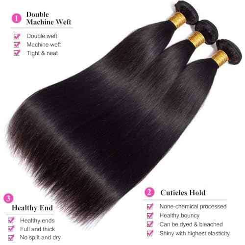 10A Brazilian Straight Human Hair Bundles with Frontal Closure 18 20 22+16 Inch Straight Bundle Human Hair with Closure 100% Unprocessed Virgin Hair Weave 3 Bundles with 13x4 HD Lace Frontal