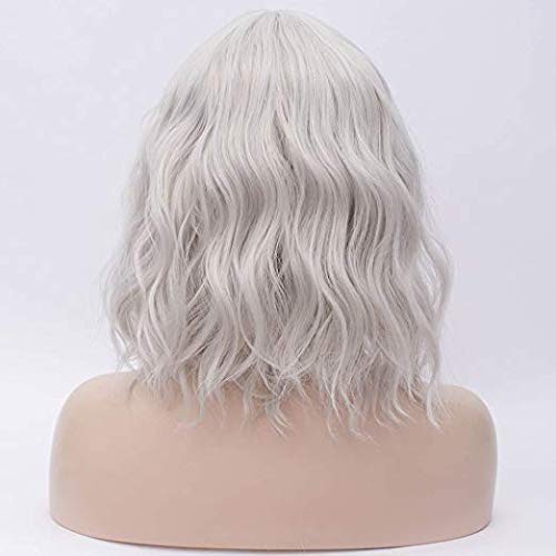 PLUSKER 40cm/15.7inch Women Short Curly Silver Gray Cosplay Wig with Side-Parted Bangs Lolita Style Hair Synthetic Heat Resistant Party Costume Wigs