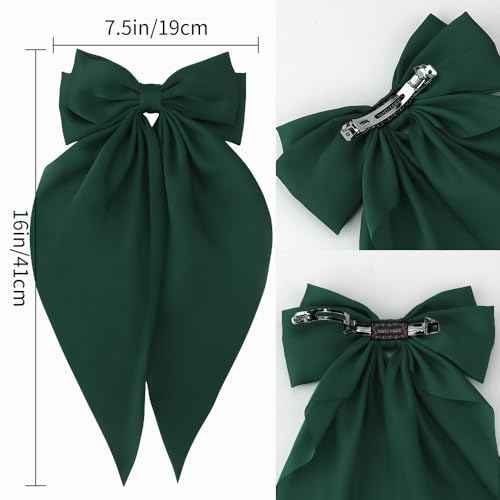 Hair Bow Clips for Women Girls, 4 Pcs Green Silky Satin Oversized Long Tail Bow Hair Clips, Alligator Metal Clips, Big Bowknot, Cute Hair Accessories, Christmas Gifts