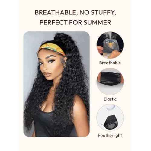 Nadula Water Wave Headband Wig Human Hair with Drawstring ? Glueless HookFit Wet and Wavy Half Wig Beginner Friendly, Ready to Wear Clip in Half Wigs for Women Natural Black Color 16inch