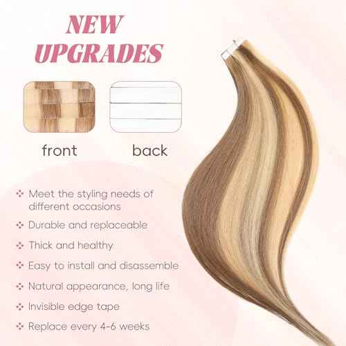 Eliysko Undetectable Invisible Tape Hair Human Hair Extensions Seamless Blending 100% Remy Hair #613/18 Brown Light Brown Mix Blonde 18inch 50G/20s Invisible Tape in Hair Extensions Tape in Extension