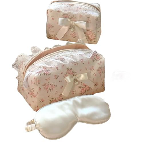 Floral Makeup Bag Set of 2 with Pearl Lace Bow + Silk Eye Mask, Coquette Accessories, Aesthetic Cute Makeup Bags for Women, Large & Small Pouch Set, Cotton Pouches for Purse, Gift Set for Women Girls