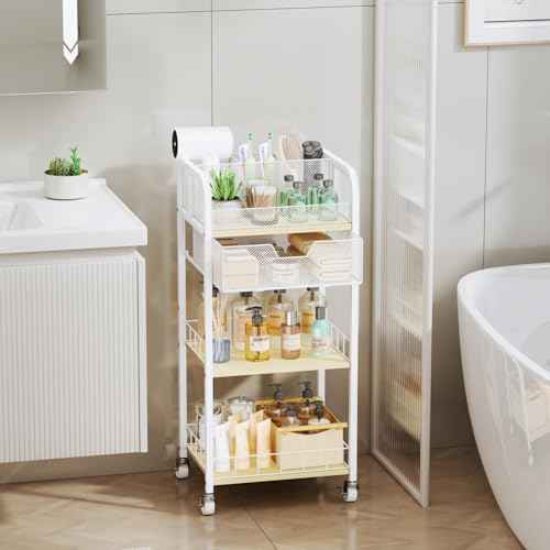 HapiRm Makeup Organizer Storage Cart - 4 Tier Skincare Make Up Storage with Drawer, Rolling Makeup Cart Vanity Organizer Cosmetics Display Cases Holder for Skin Care Perfume Nail Polish Brush