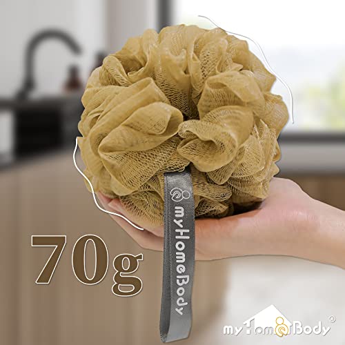 myHomeBody Large 70g Loofah Sponge, Body Scrubber, Bath Sponge, Loofah for Women, Men, Exfoliating Sponge Shower Pouf with Activated Charcoal - 3 Pack, 2 Caramel + 1 Oat Milk