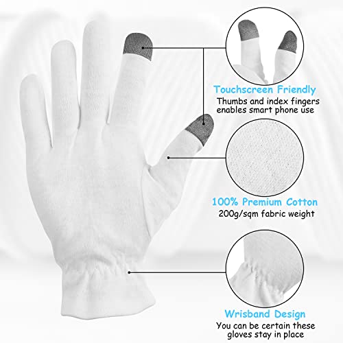 100% Cotton Moisturizing Gloves 5 Pairs, Touch Screen Friendly Cotton Gloves with Wristband and Washing Bag for Overnight Bedtime Eczema Dry Sensitive Irritated Skin Spa Therapy, Small