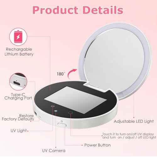 UV Camera for Sunscreen Test UV Mirror Sunscreen Camera, 3.8 Inch Rechargeable 2X Magnifying Vanity Mirror with Light Handheld Double-Sided Pocket Mirror for Skin Protection(White)