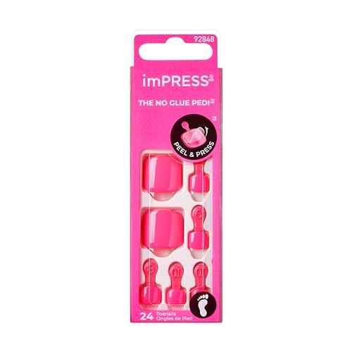 KISS imPRESS No Glue Pedi Press-On Nails, Toenails, 'Time After Time', Medium Pink, Short Size, Squoval Shape, Includes 24 Nails, Prep Pad, Instructions Sheet, 1 Manicure Stick, 1 Mini File