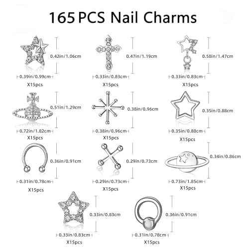 165PCS Silver Nail Charms Bulk Set with Star, Planet, Cross & More; 165 Count; Metal Alloy with Rhinestones; Mix Shape; Nail Art Accessories