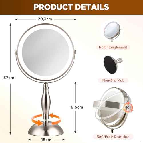 Makeup Mirror with Lighted, 30x Magnifying Mirror with 3 Lights Colors, Vanity Mirror Brushed Nickel - 360¡Æ Rotation, Brightness Adjustable Magnification, Modern Style Side Touch + Side Charge