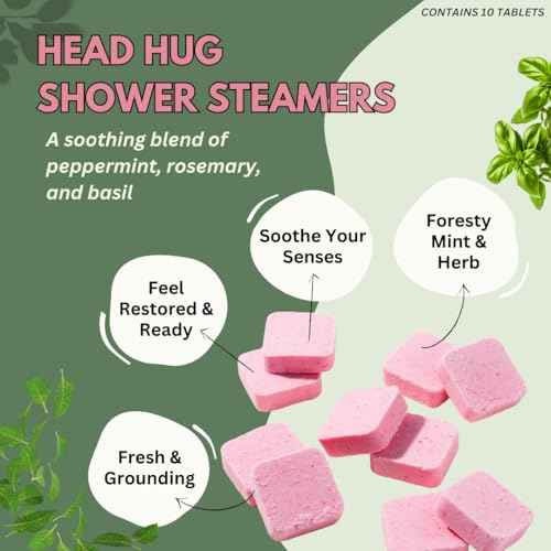Head Hug Shower Steamers Aromatherapy for Relief - Christmas Gift - Adult Stocking Stuffer - USA Made - Peppermint & Rosemary Shower Bomb Tablets - Soothing Natural Essential Oils (10 Pack)