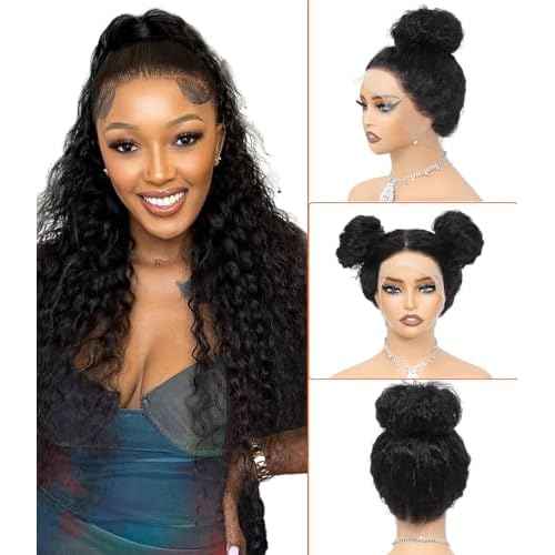 ONICE Deep Wave 360 Lace Front Wigs Human Hair With Drawstring Hidden Strap 360 Full Lace Frontal Wig For Black Women Glueless Wigs Human Hair (Curly Wig 22 Inch)