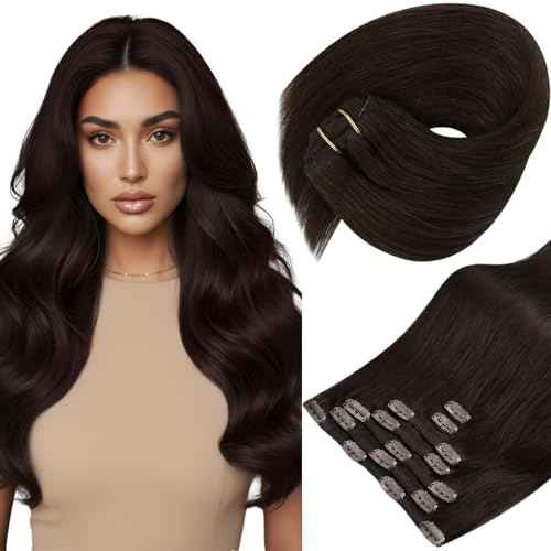 Sunny Hair Clip in Hair Extensions Straight Human Hair Clip in Extensions Remy Clip in Hair Extensions Real Human Hair Extensions Clip ins Full Head Dark Brown Color 2 18inch