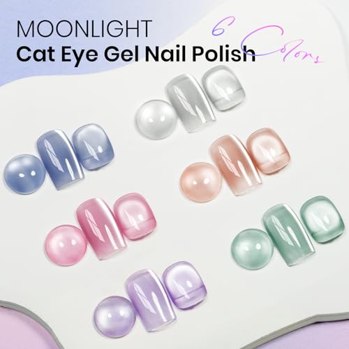 MIZHSE Cat Eye Gel Nail Polish Moonlight 6 Colors Ceramic Magnetic Gel Polish Set with Magnet Stick Crystal Silver Champagne Pink Green Blue Purple Magnetic French Gel Nail Polish Kit Gift Set