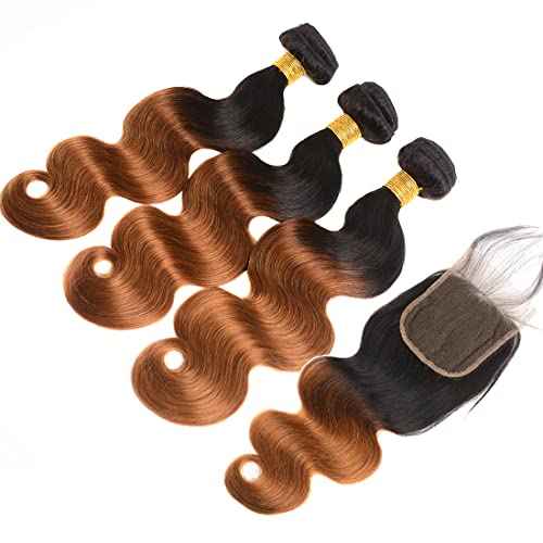 Ombre Human Hair Bundles with Closure Body Wave 3 Bundles 1B/30 Brazilian Virgin Human Hair Two-tone Dark Root with 4x4 Lace Closure(T1B/30, 18 20 22 +16)