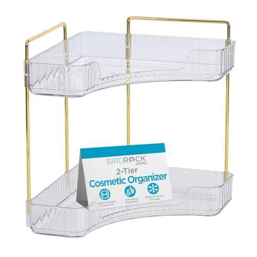 BIRDROCK HOME 2-Tier Corner Cosmetic Organizer - Clear Shelves with Gold Hardware, Easy Assembly, Durable Design for Makeup, Perfumes, and Self-Care Products