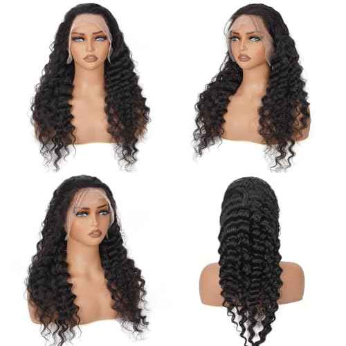 XVE 13x4 Deep Wave Wig Human Hair Pre Plucked 200% Density Wet And Wavy Human Hair Wigs For Women Transparent Lace Frontal Curly Wigs Brazilian Hair Glueless Wigs Natural Black Color 24 Inch