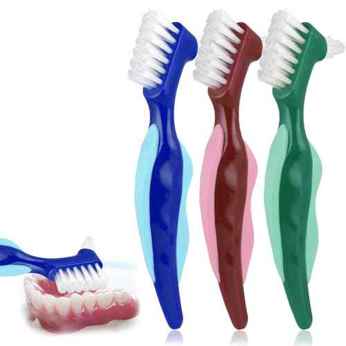 3 Pcs Hard Denture Brush, 3 Colors Premium Hygiene Denture Cleaning Brush for Denture Care, Double Sided Toothbrush with Multi-Layered Bristles & Rubber Anti-Slip Handle