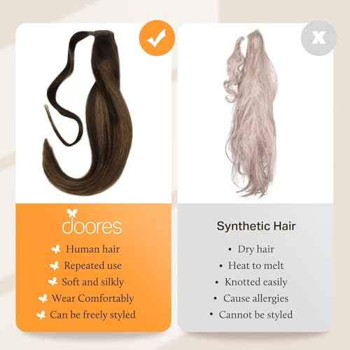 DOORES Human Hair Extensions Clip in Ponytail Wrap Around Ponytail Straight Hair Pieces For Women with Magic Paste - Balayage Dark Brown to Chestnut Brown 20 Inch 90g