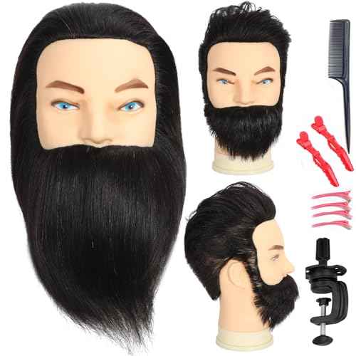 Male Mannequin Head with Beard 100% Human Hair Haircut Manikin Head for Cosmetology Straight Thick Hair Doll Head with Human Hair with Stand Practice Cutting Styling