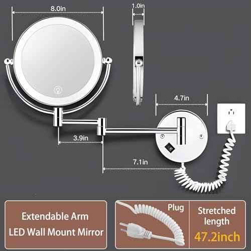 Wall Mounted Lighted Makeup Mirror with Magnification, 8-inch 1X/10X Wall Mount Magnifying Mirror for Bathroom, Touch Dimmable, 360 Degree Swivel, 2-Sided, Extendable Arm