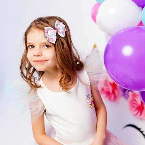 4" Happy Birthday Ribbon Hair Bow Clips 2pc Sparkly Pink Sequin Alligator Barrettes Pins for Teens Toddler Baby Girls Kids Women Ice Cream Party Outfit Dress Decor Accessory Gift