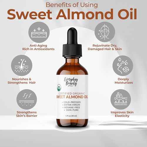 Organic Sweet Almond Oil | 100% Pure, Cold-Pressed, Unrefined | USDA Certified Organic | Amber Glass Bottle with Glass Dropper | For Face, Skin & Hair - 1 Fl Oz