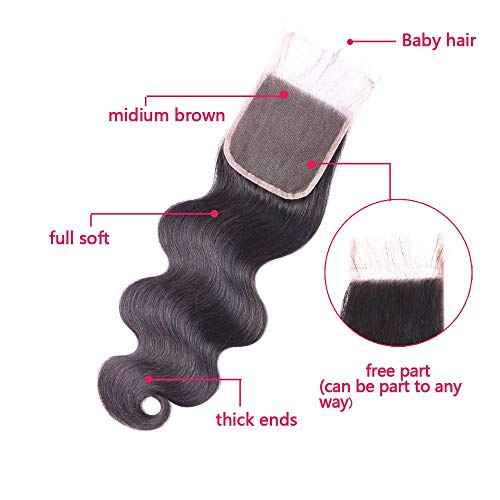 Real Human Hair Bundles Body Wave 16 18 20 Inch with 14 Inch Lace Closure, 3 Bundles Unprocessed Natural Black Remy Brazilian Virgin Cambodian Hair Wavy, 1b, No Tangle No Shedding