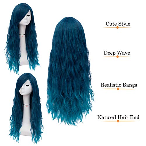 Mildiso Blue Wigs for Women 26" Long Blue Wig with Bangs Curly Wavy Natural Cute Soft Wig with Wig Net M062B