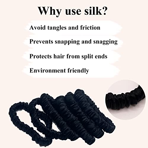 VLOMOT 6 Pcs Set 100% Pure Mulberry Silk Hair Scrunchies Silk Hair Ties with 6 Chic Colors Everyday Skinny Scrunchies Silk Ponytail Holders Hair Care No Damage (Black)