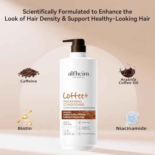 ALFHEIM Coffee+ Thickening Conditioner for Fine, Thin & Weak Hair with Caffeine, Biotin & Arabica Coffee Oil, Strengthening, Moisturizing & Volumizing Formula, Paraben-Free, Sulfate-Free, 33.8 oz 1L