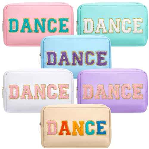 6 Pcs Dance Makeup Bag Cosmetic Bag with Chenille Letter Patches Waterproof Portable Cheerleader Toiletry Zipper Pouch for Girl Women Appreciation (Pastel Colors)