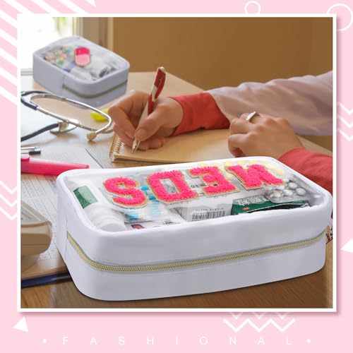 Hillban 2 Pcs Medicine Chenille Letter Bag Preppy Clear Nylon Portable Makeup Meds Cases for Travel PVC Transparent Mini First Aid Storage Bag Gift for Christmas Women(Adorable)