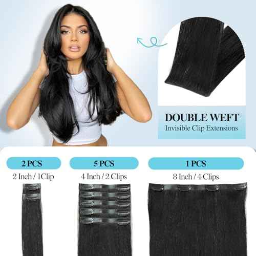 WIGNEE Clip In Hair Extesnions 100% Human Hair Seamless Hair Extensions for Women Invisable Human Hair Straight PU Clip Ins 8PCS Natural Hair Add Volume Daily Use (Black)