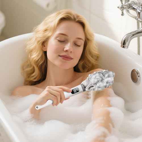 WJX Electric Body Brush with Replaceable Heads ? Rechargeable, Waterproof, 2-Speed Adjustable Back Scrubber for Shower (Oyster White)