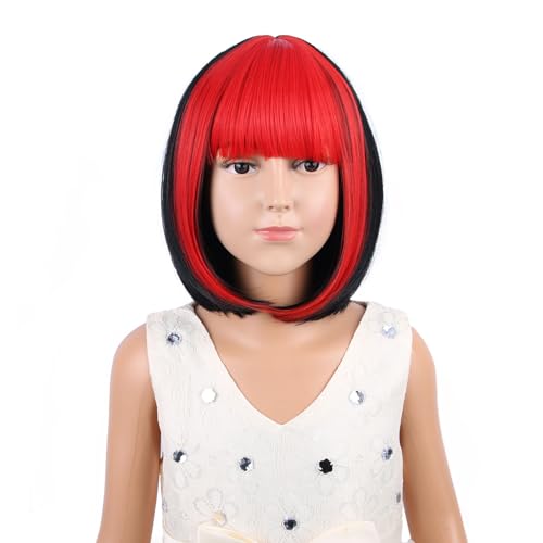 Edivd Girls Black Mixed Red Bob Wig Short Black and Red Bob Wig with Bangs for Kids Heat Resistant Synthetic Wig with Wig Cap