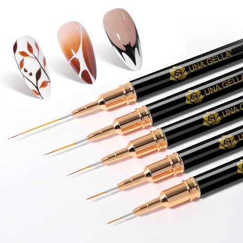 UNA GELLA Metallic Nail Art Brushes, Liner Pens Set 5Pcs Black Color For Nail Art Gel Polish - Thin Detail Nail Art Design Painting Brush Set For Nails Gel Fine Drawing Nail Tools Sizes 7/9/11/15/25mm