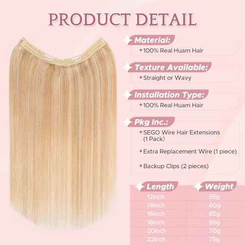 SEGO Invisible Wire Hair Extensions, Real Human Halo Hair Adjustable Wire Extensions, 2 Clips for Women Transparent Fish Line Extensions, Add Length, 20 inches, Gold Blonde Mixed Bleach Blonde, 70g