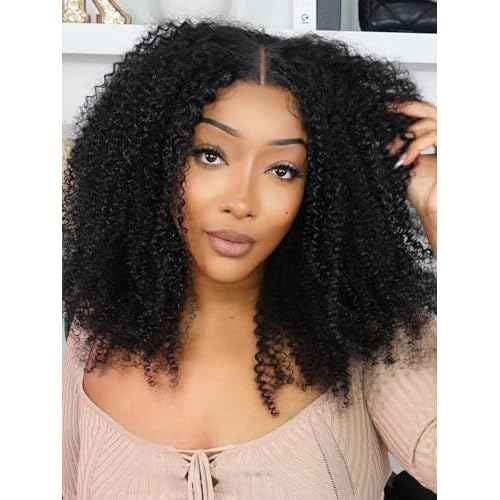 Domiso 18 Inch Knots Bleached Max Part 8x5 M-Cap Afro Kinky Curly Glueless Wigs Human Hair Pre Plucked Pre Cut Wear and Go Glueless Wig Kinky Curly Lace Front Wigs Human Hair 195% Density