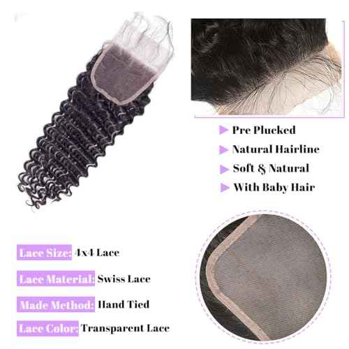 Human Hair Bundles with Closure (18 20 22+16 Closure) Deep Wave Bundles with Closure 100% Unprocessed Brazilian Virgin Curly Closure with Bundles Human Hair Weave with 4x4 Lace Closure Natural Color