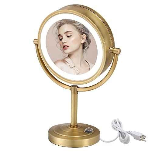 8.5 inch LED Makeup Mirror with 10X Magnification,has Three Colors Lights,Extendable Bathroom Mirror,Tabletop Two-Sided, Antique Brass Finish (Antique Brass, 10x Magnification)