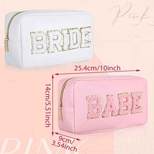 Mixweer 8 Pcs Bridesmaid Cosmetic Bags Bulk Bridesmaid Proposal Gift Embroidered Letter Patch Bride Bachelorette Makeup Bags Travel Pouch Wedding Party Favor for Bridal Shower(White and Pink)