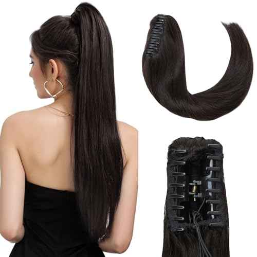 Hairro Claw Clip Ponytail Extension Human Hair Clip In Ponytail Jaw/Claw Jaw On Pony Tail Hairpieces For Women 18 Inch 115g #1B Natural Black