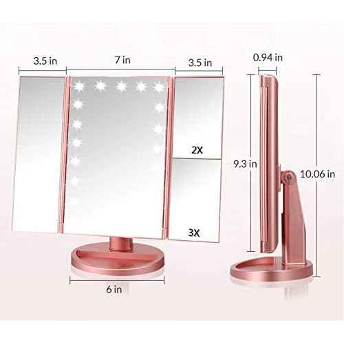 Trifold Makeup Mirror Vanity Mirror with Lights,1X 2X 3X Magnification,Touch Screen,180 Adjustable Rotation,Portable Travel Bathroom Cosmetic Mirror