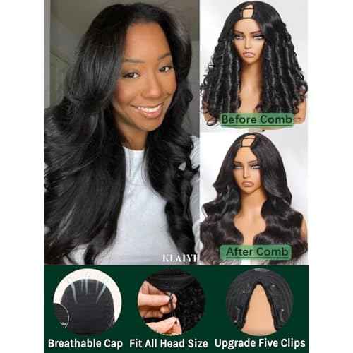 KLAIYI EasiContour V Part Wig Human Hair Body Wave Glueless Upgrade U Part Wig No Leave Out No Gel Clip in Half Wig V Shape Pull and Go Beginner Friendly Ready to Wear Natural Black Color 150% 16Inch