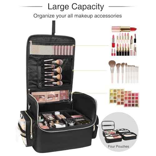 Extra Large Makeup Bag Makeup Artist Bag Professional Cosmetic Bag Travel Organizer Train Case with 4 Small Packet and Adjustable Dividers(Black, Extra Large)
